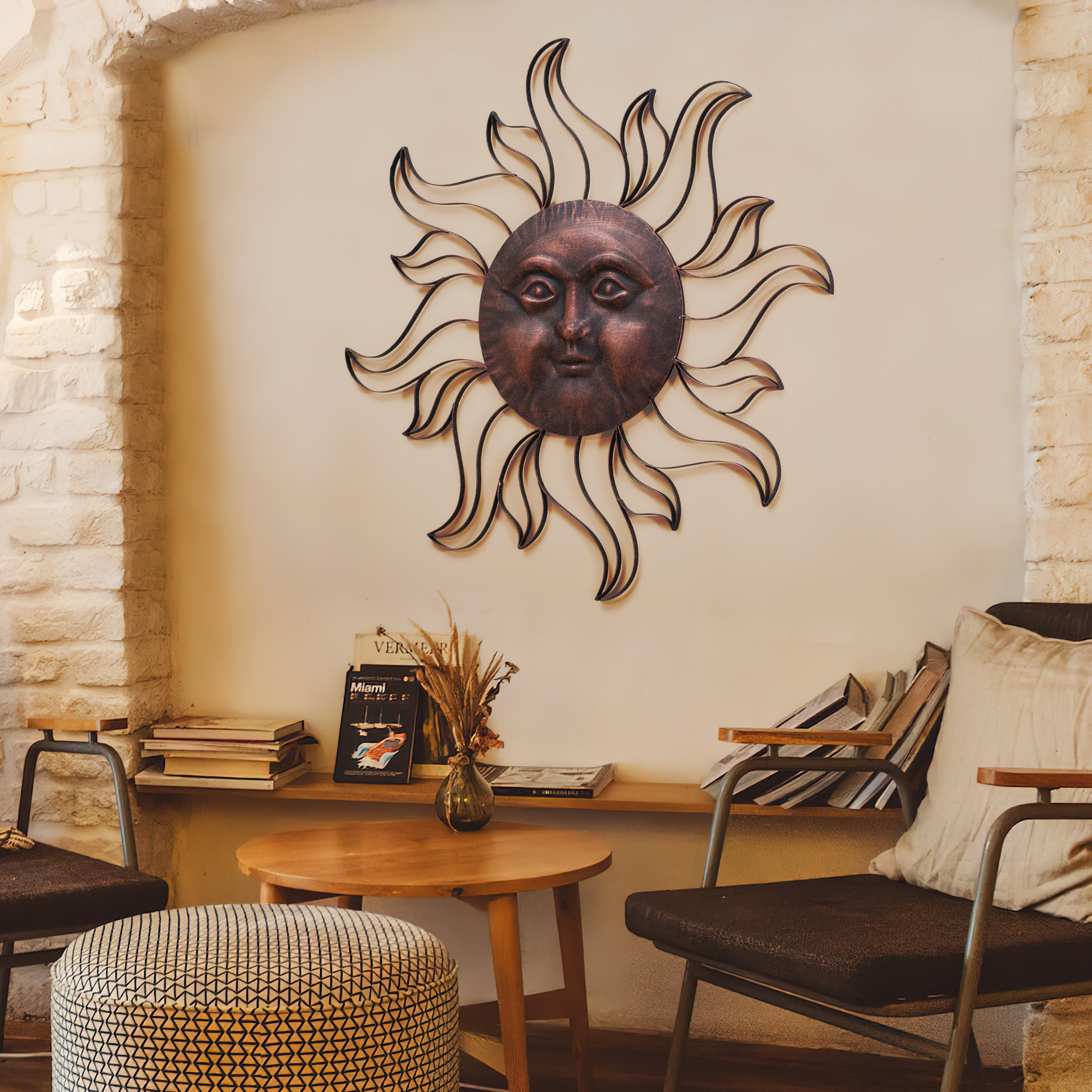 Sunjoy Iron Vintage Copper Sun Face Wall Decor with Screw-Hangers