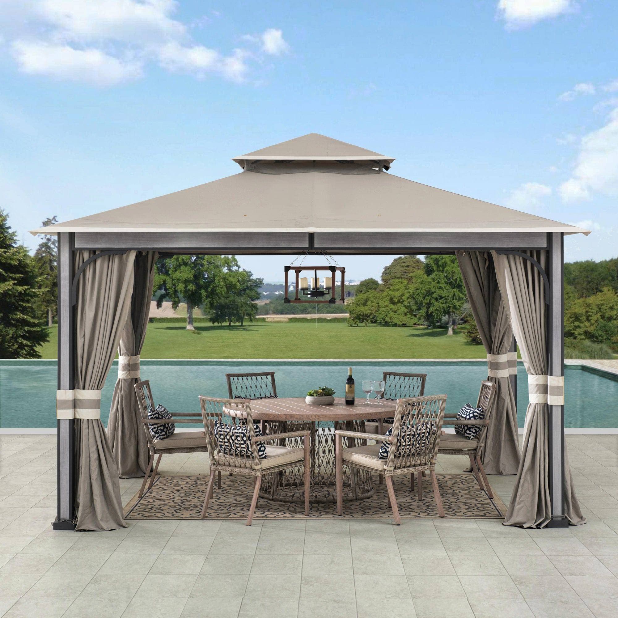 Sunjoy 11x13 Soft Top Gazebo Outdoor Patio Steel Frame 2-Tier Backyard Gazebo with Netting, Curtains and Hook