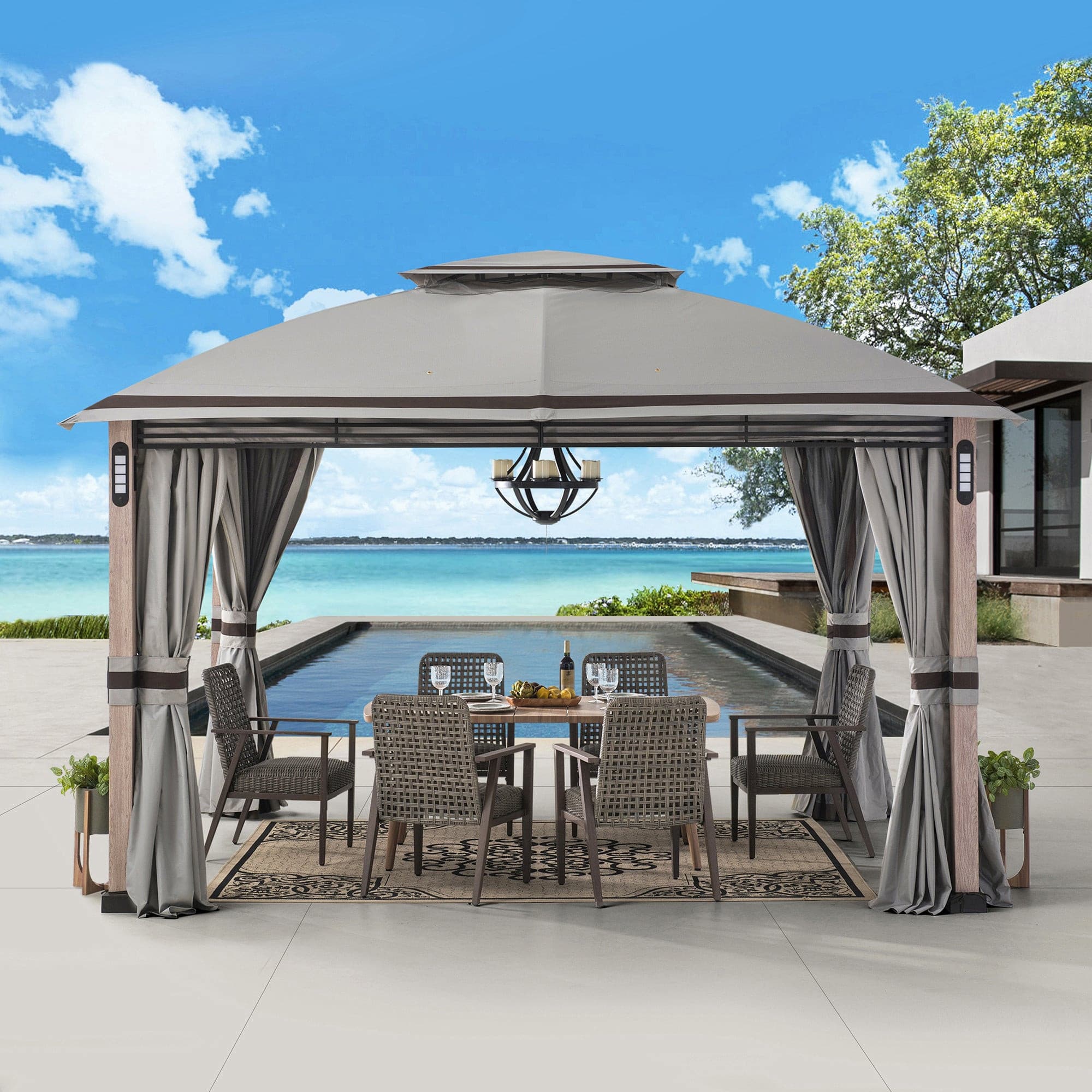 Sunjoy Outdoor Patio 11x13 Gray Backyard Soft Top Gazebo with LED Light, Bluetooth Sound and Hook