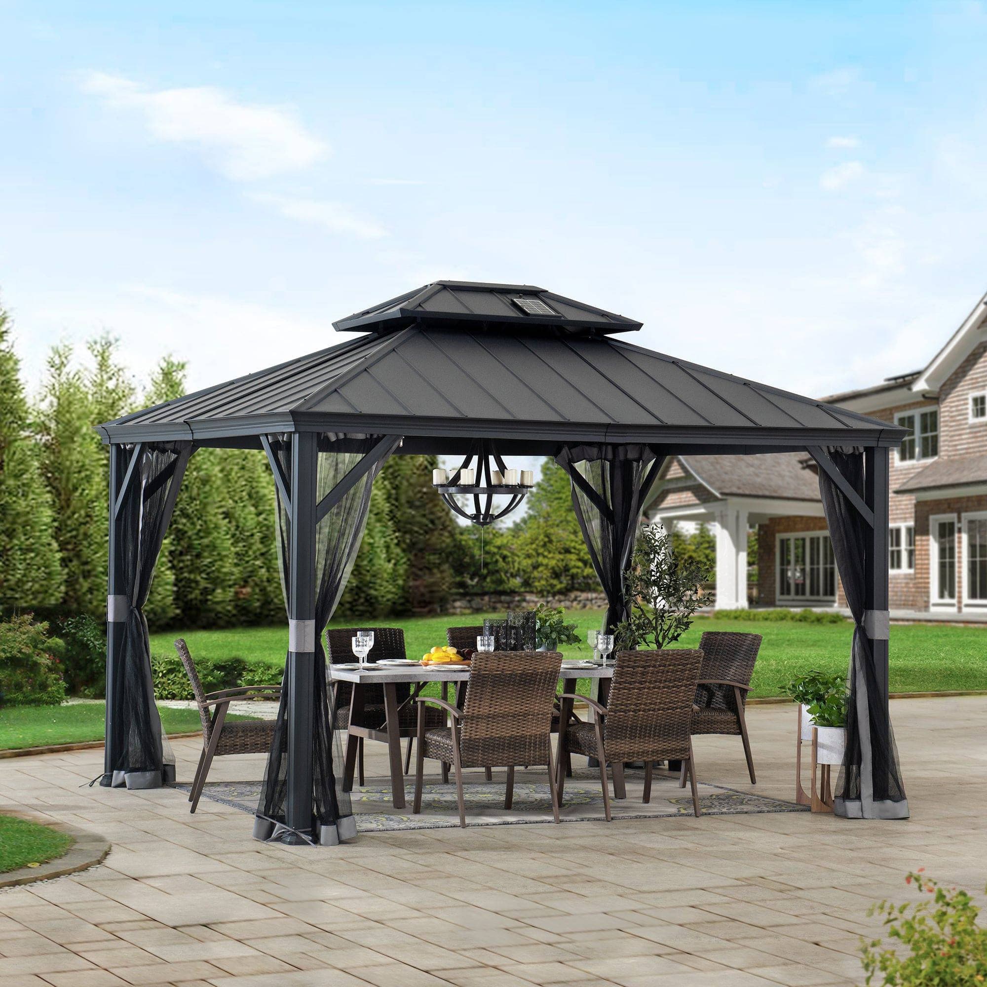 Sunjoy 10x12 Hardtop Gazebo, Outdoor Patio Aluminum Frame Gazebo with Solar Panel, 2-Tier Steel Hardtop Backyard Gazebo with Netting and Ceiling Hook