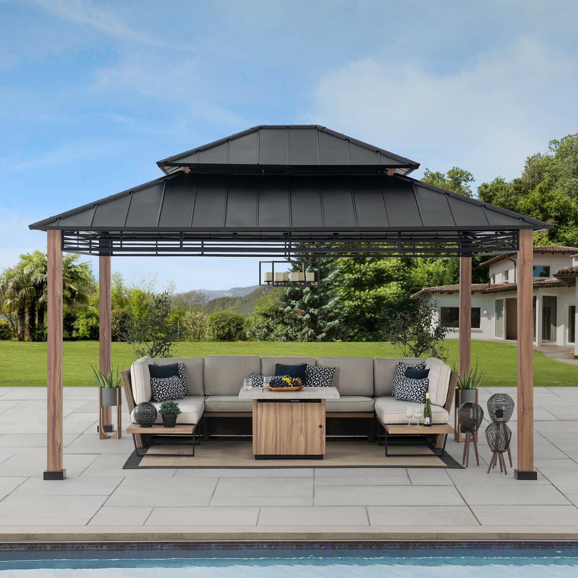 Sunjoy Outdoor Patio 13x15 Black 2-Tier Steel Backyard Hardtop Gazebo with Metal Ceiling Hook