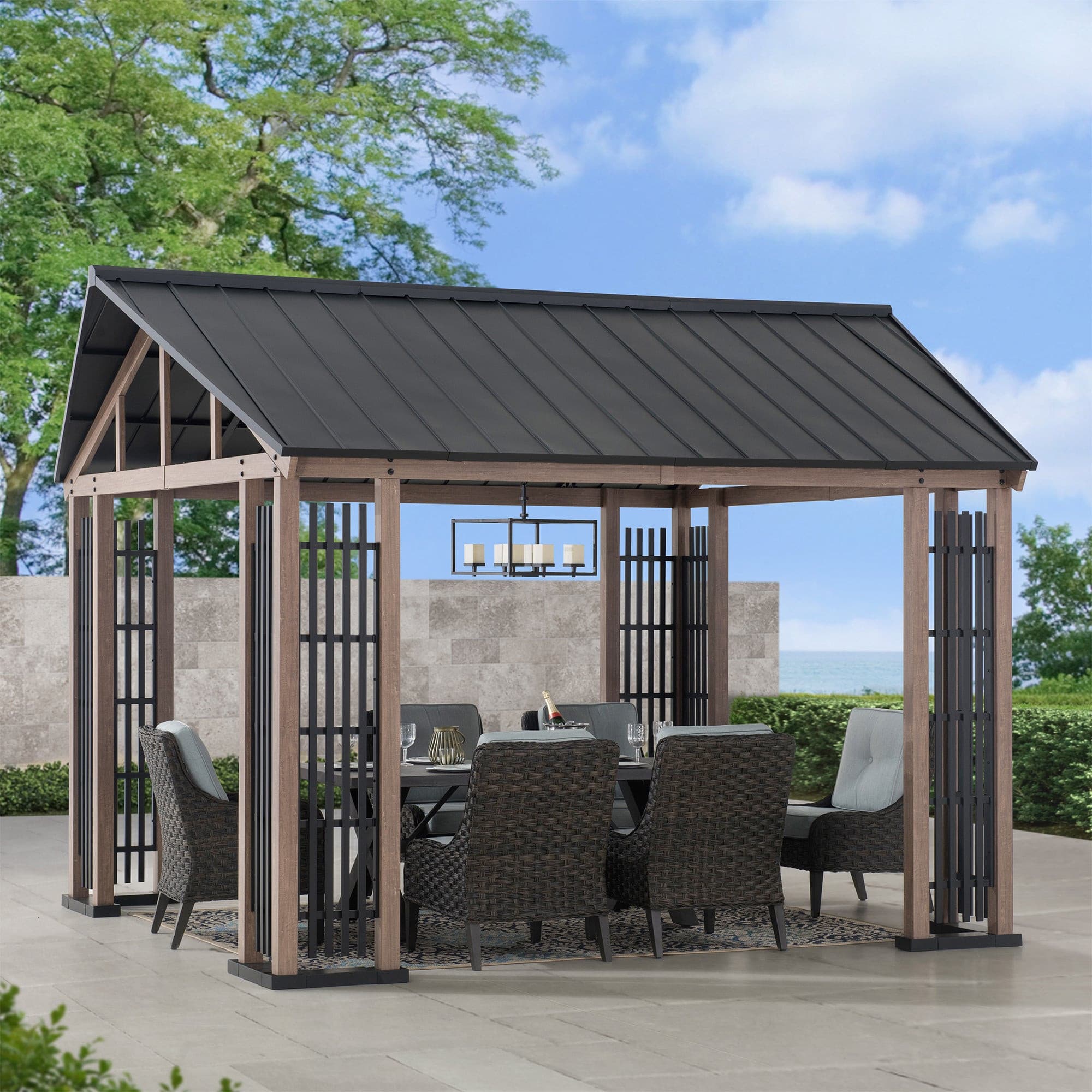 Sunjoy Outdoor Patio 11x13 Black Steel Gable Roof Backyard Hardtop Gazebo / Pavilion with Metal Ceiling Hook