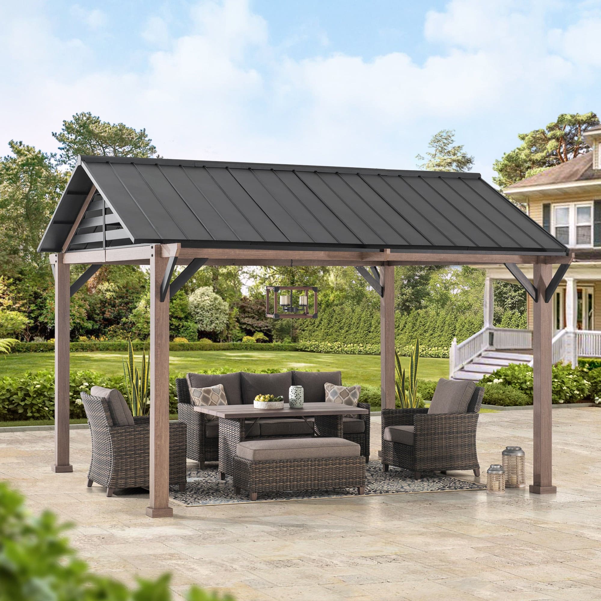 Sunjoy Outdoor Patio 13x13 Black Steel Gable Roof Backyard Hardtop Gazebo / Pavilion with Decorative Beam and Ceiling Hook