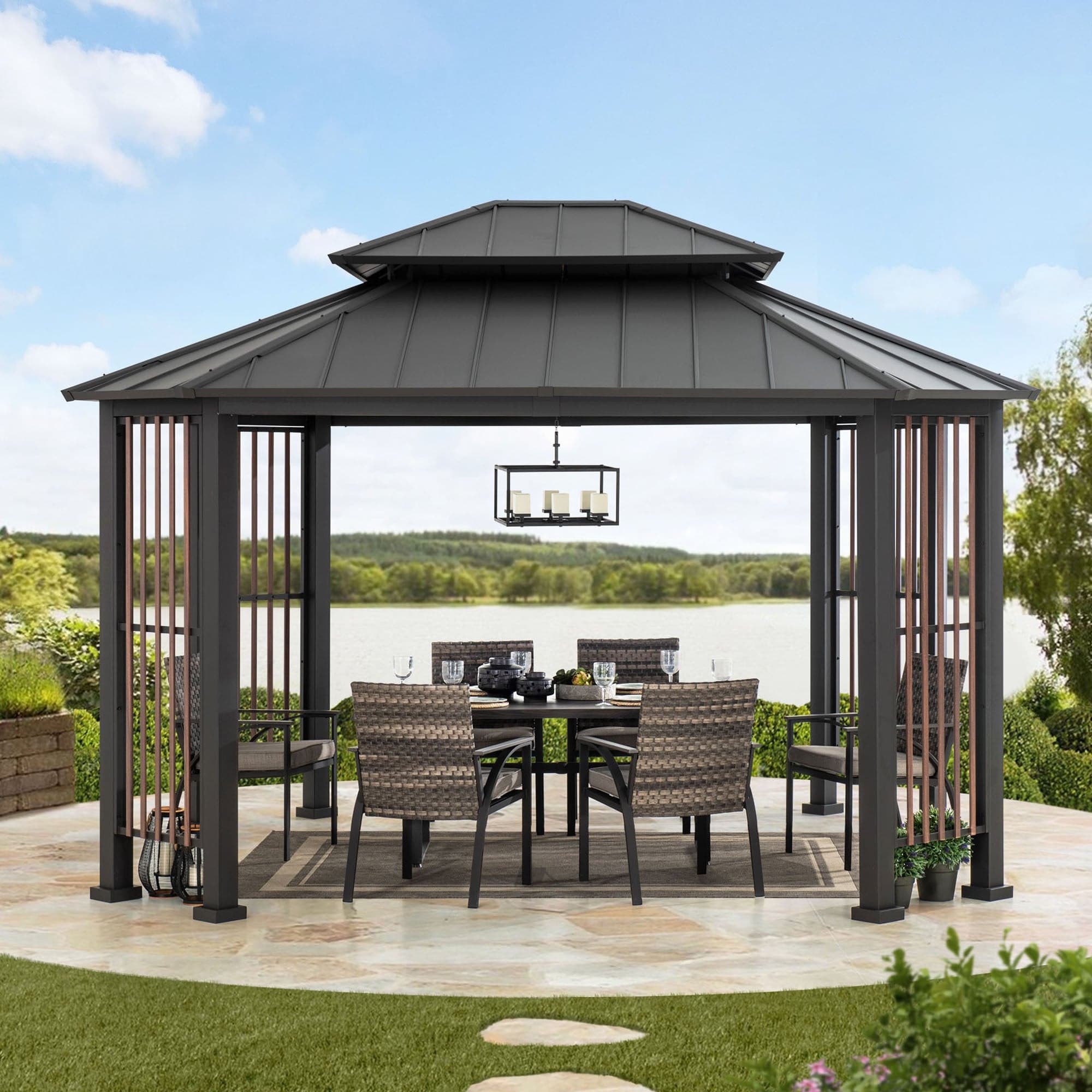 Sunjoy Outdoor Patio 11x13 Octagon Gray 2-Tier Steel Backyard Hardtop Gazebo with Dual Rails and Metal Ceiling Hook