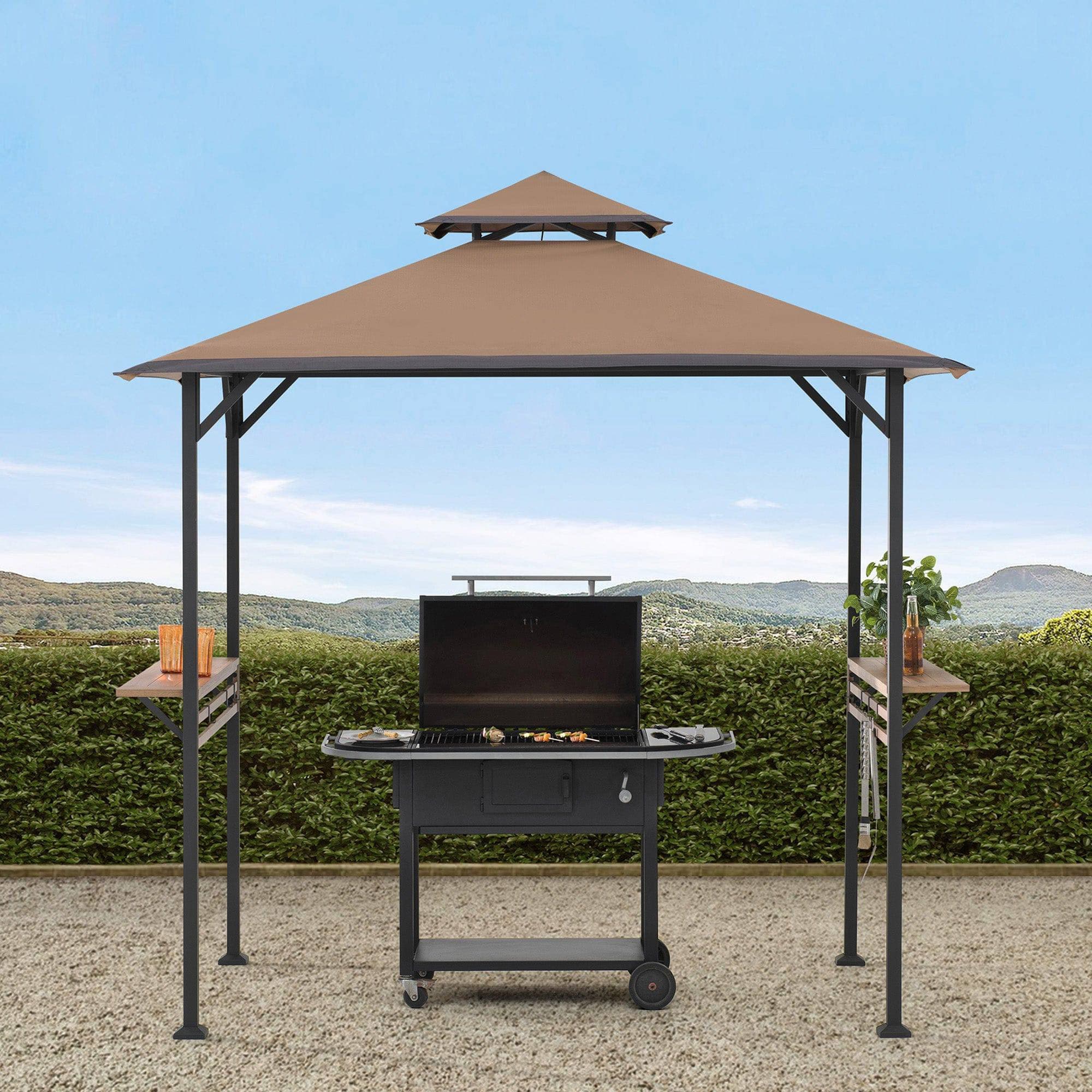 Sunjoy Outdoor Patio 5x8 Khaki 2-Tier Steel Backyard Soft Top Grill Gazebo with Bar Shelves and Hooks