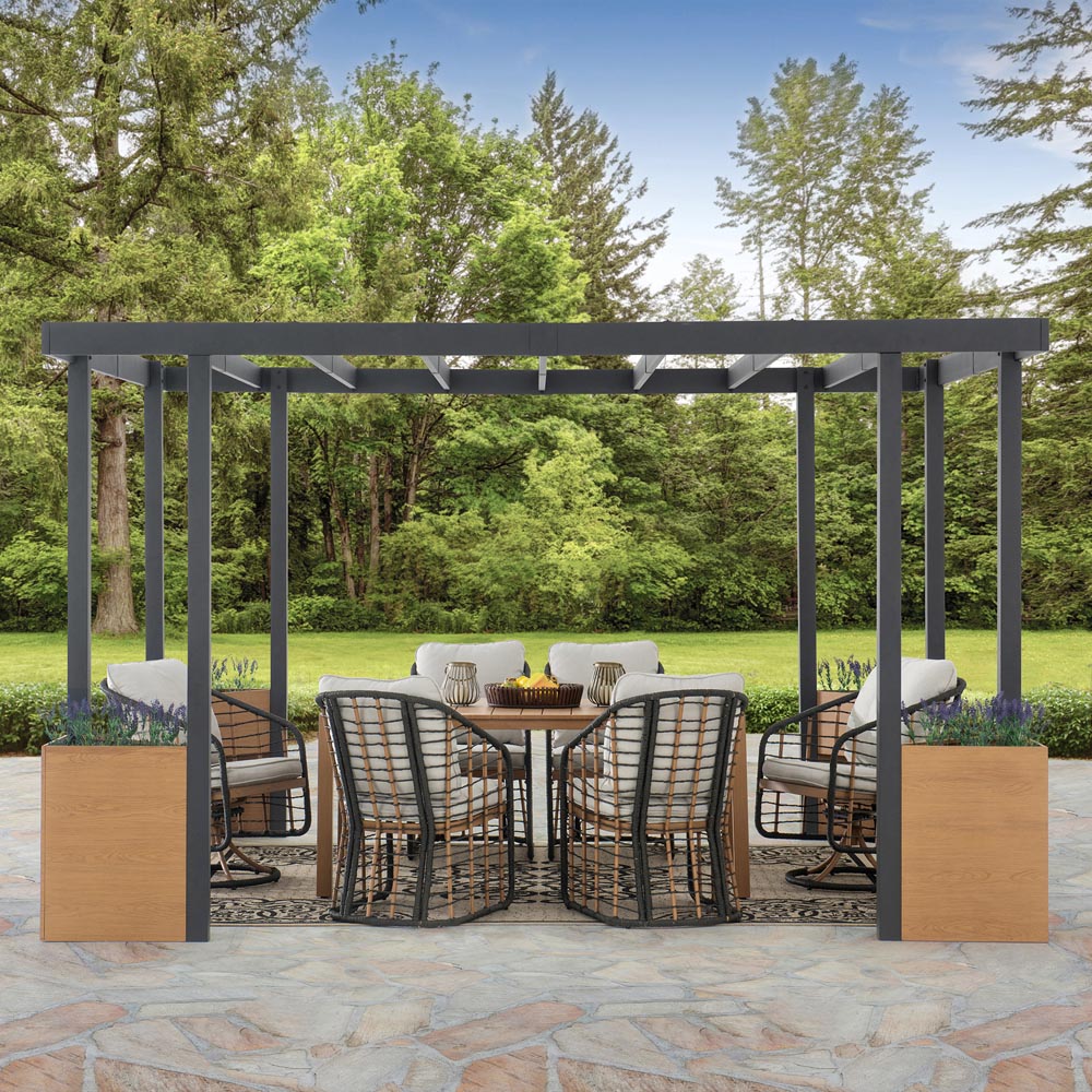 Sunjoy Outdoor Patio Black 10x12 Modern Metal Pergola Kit with Planters