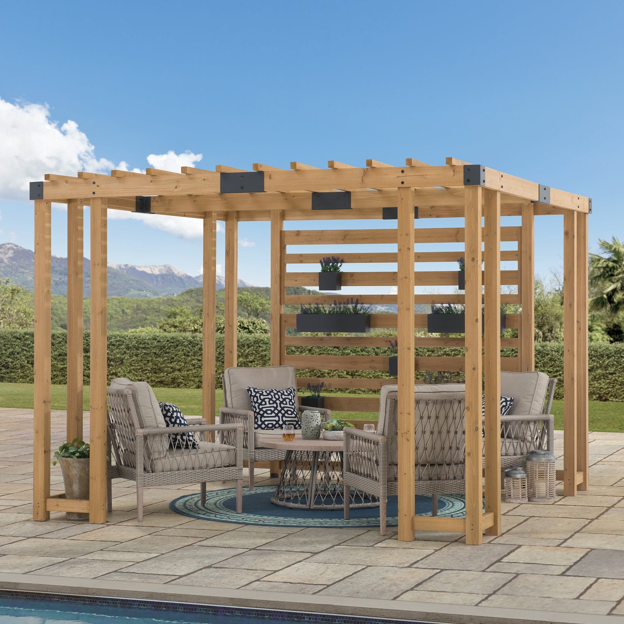 Sunjoy Outdoor Patio 10x10 Modern Wooden Privacy Screen Pergola Kit with Adjustable Hanging Planters