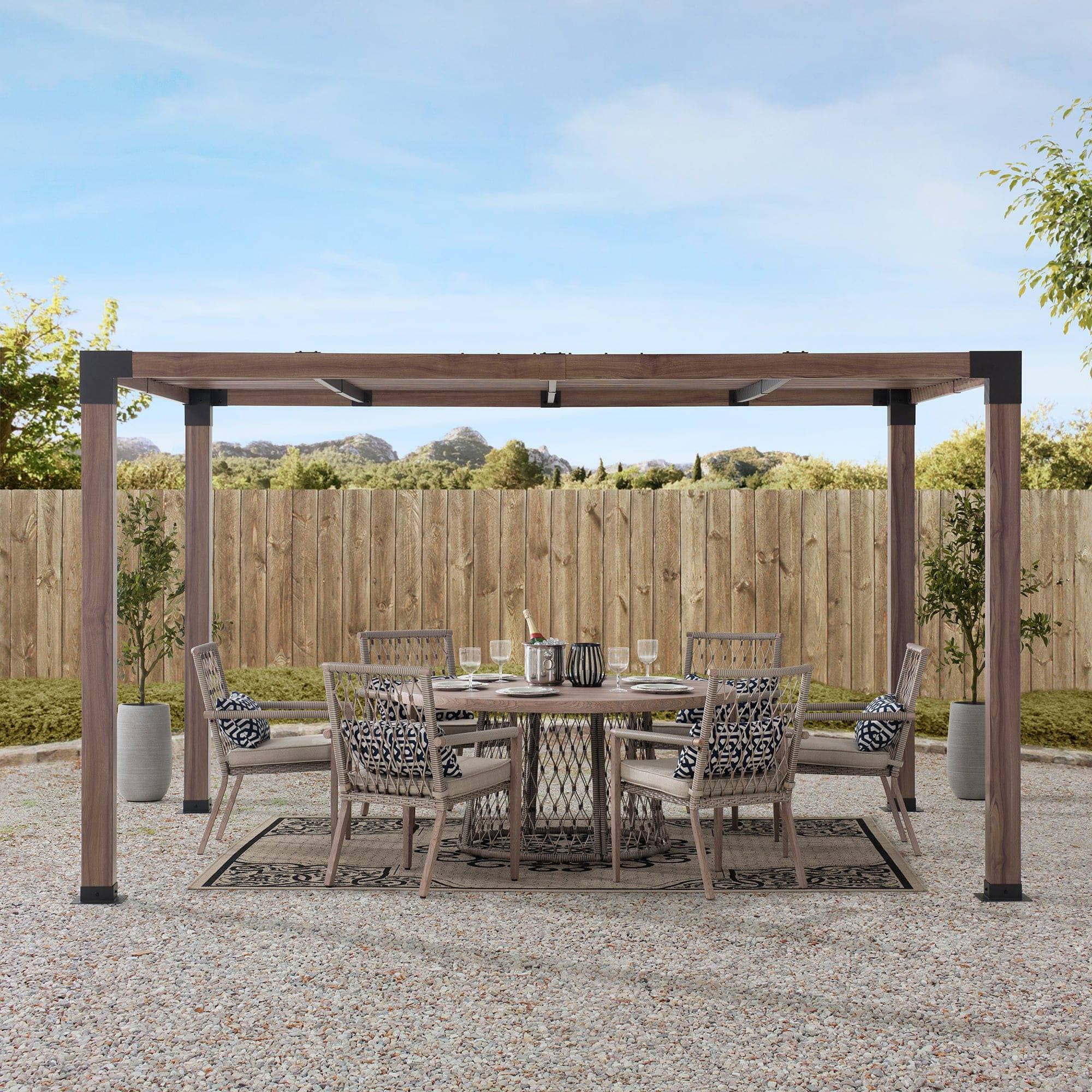 Sunjoy Outdoor Patio 10x12 Modern Metal Frame Pergola Kit with Nature Wood Grain Finish