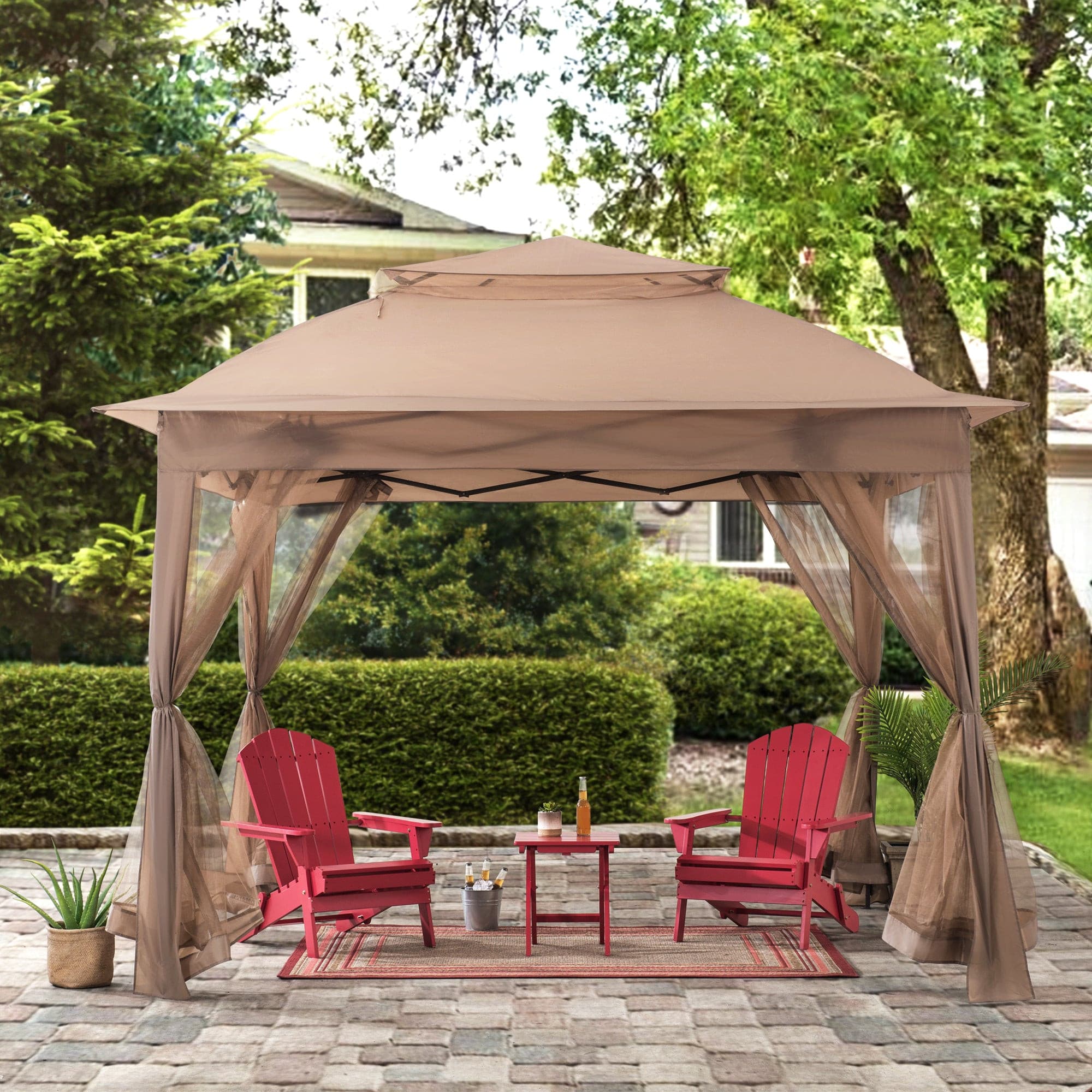 Sunjoy Outdoor Patio 11x11 Steel 2-Tier Backyard Portable Pop Up Gazebo with Netting