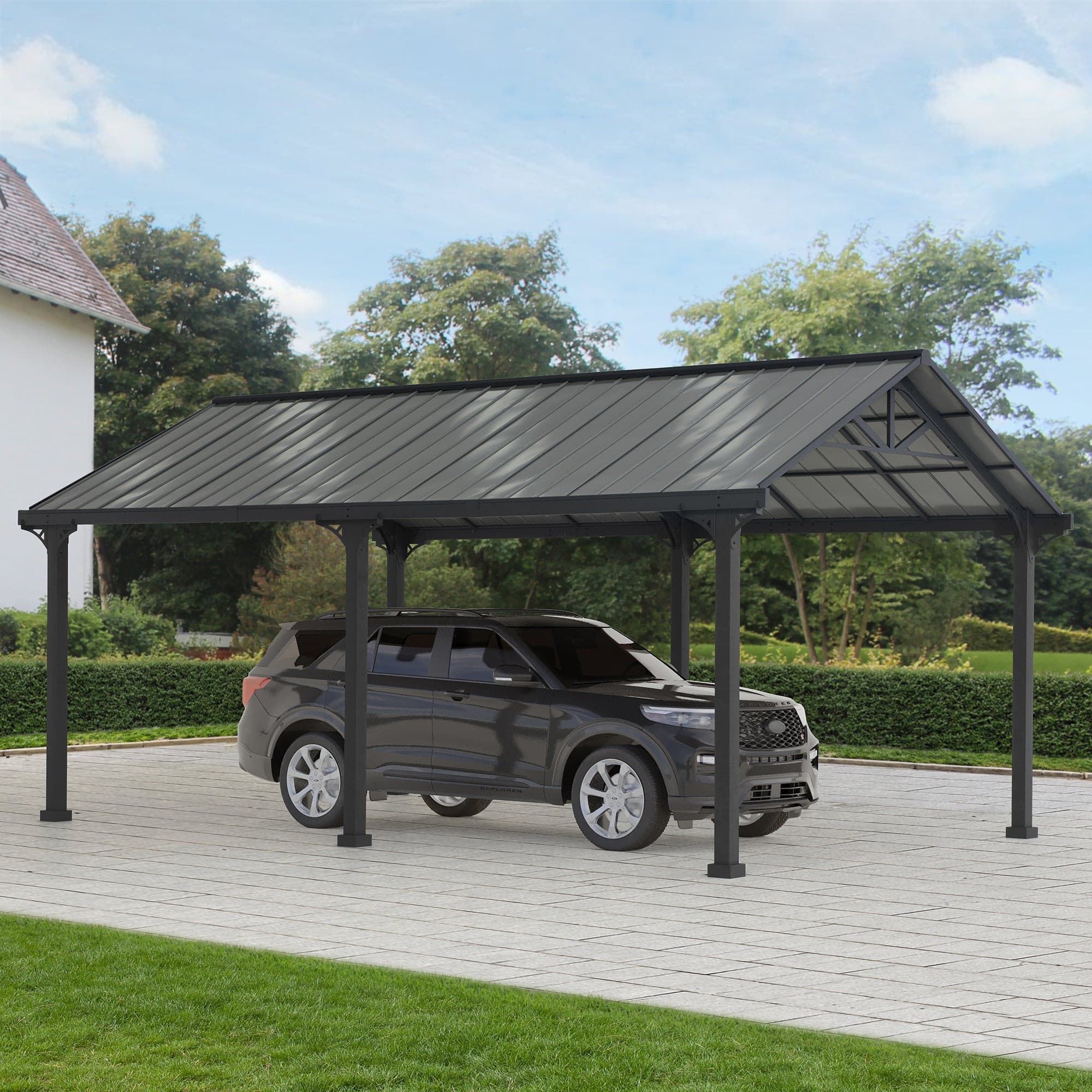 Sunjoy 12x20 Metal Carport, Black Steel Gable Roof Gazebo, Outdoor Living Pavilion with 2 Ceiling Hooks