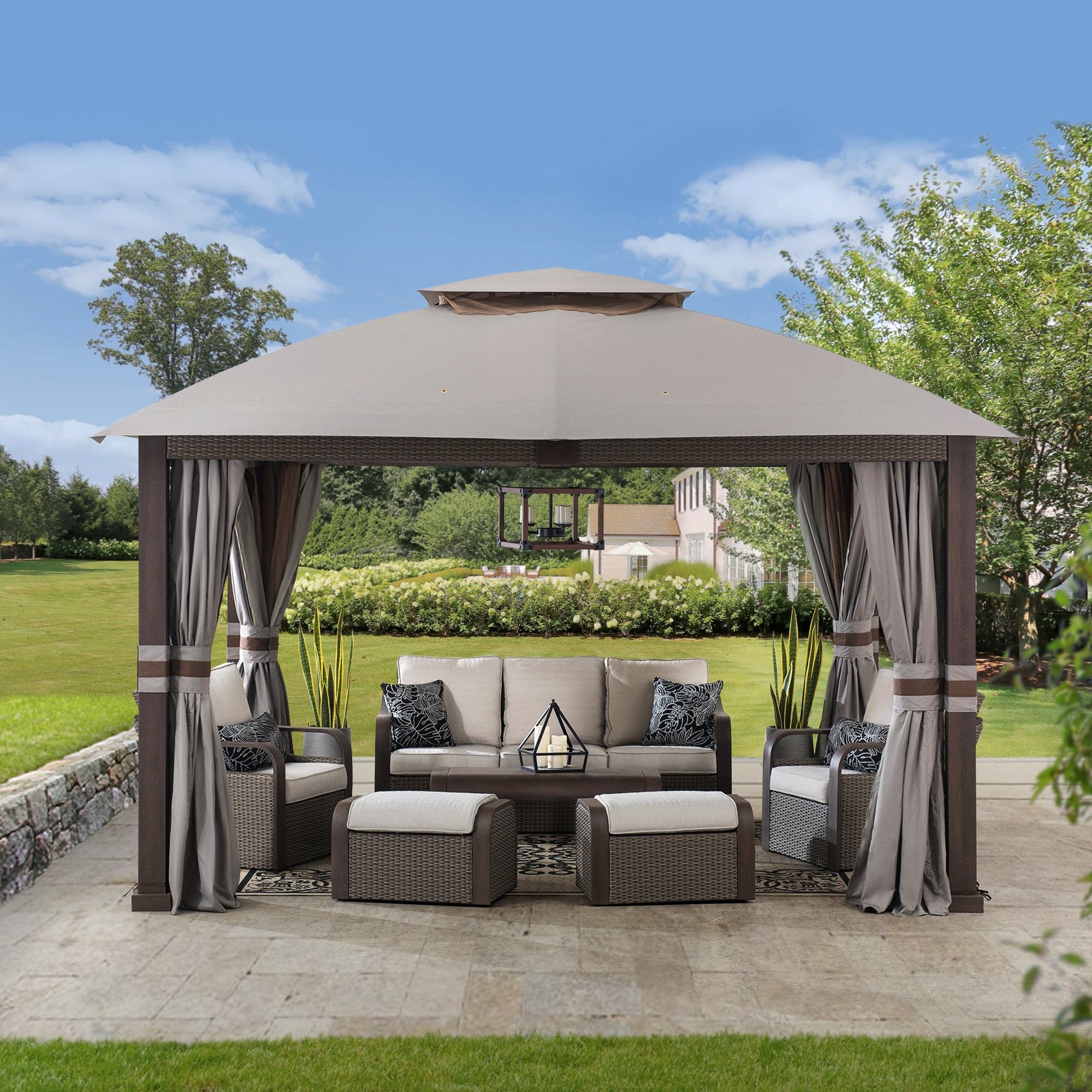 Sunjoy 11x13 Soft Top Gazebo Outdoor Steel Frame Patio Gazebo with 2-Tier Canopy, Netting, Curtains and Hook