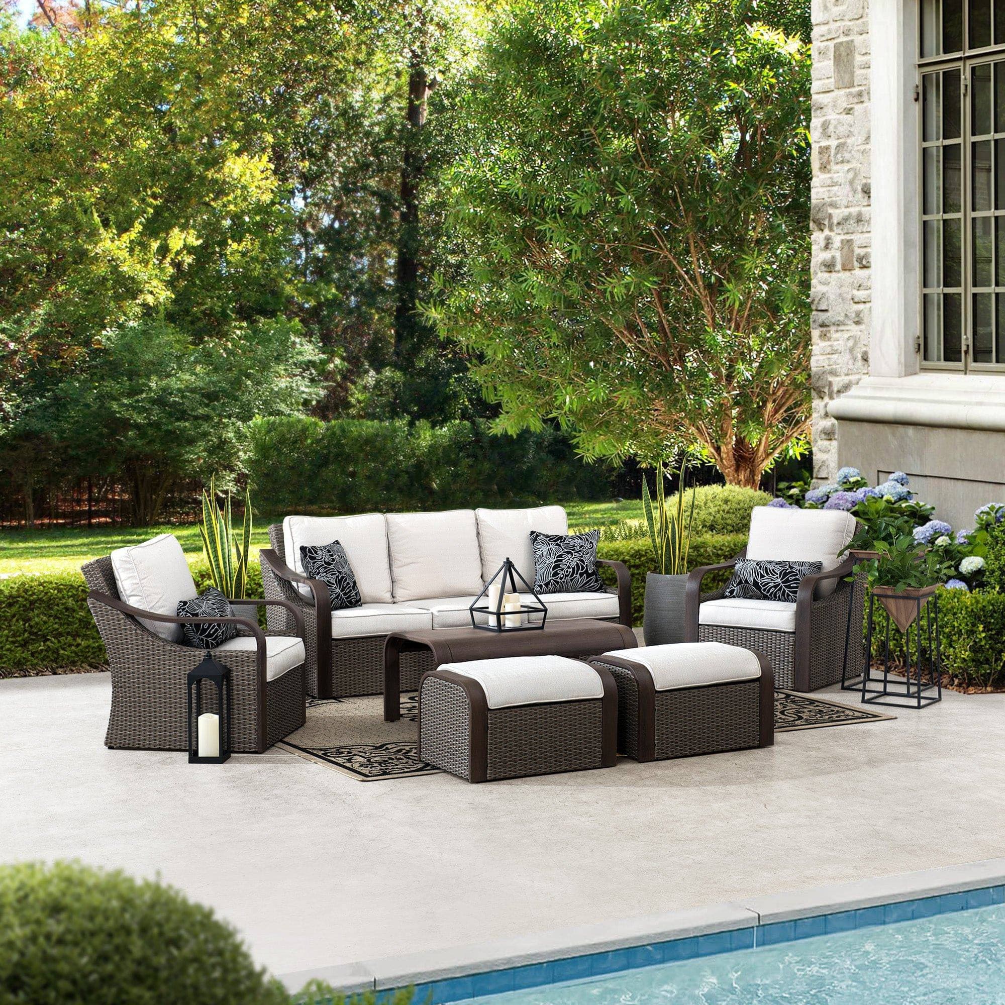 Sunjoy 6-pc. Patio Conversation Sets Brown Wicker Outdoor Furniture Set with Cushions and 2 Ottomans