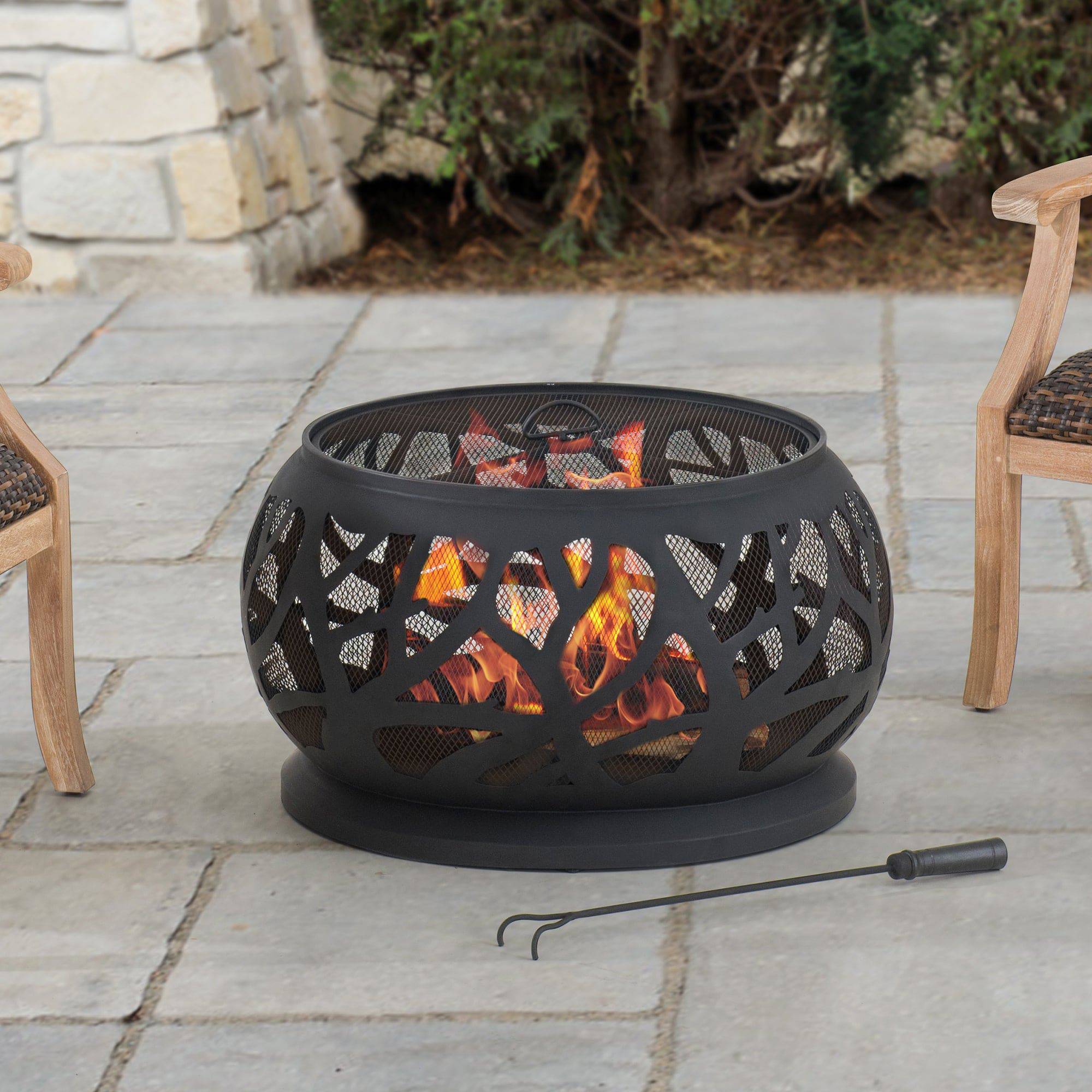 Sunjoy 28 in. Wood-Burning Outdoor Patio Black Steel Bowl Shape Fire Pit with Mesh Spark Screen and Poker Tool