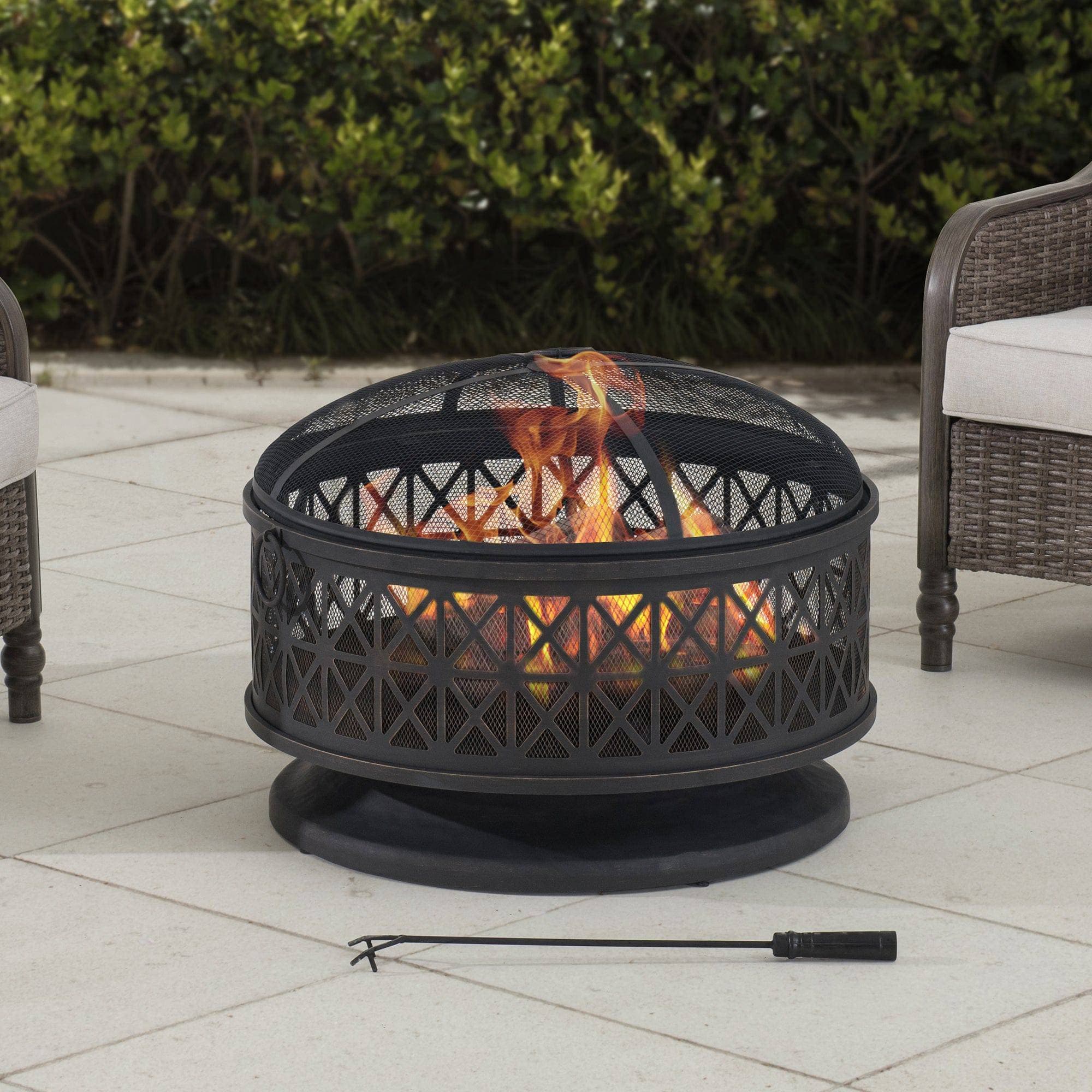 Sunjoy 30 in. Outdoor Fire Pit Black Steel Patio Fire Pit Backyard Wood Burning Fire Pit with Spark Screen and Fire Poker