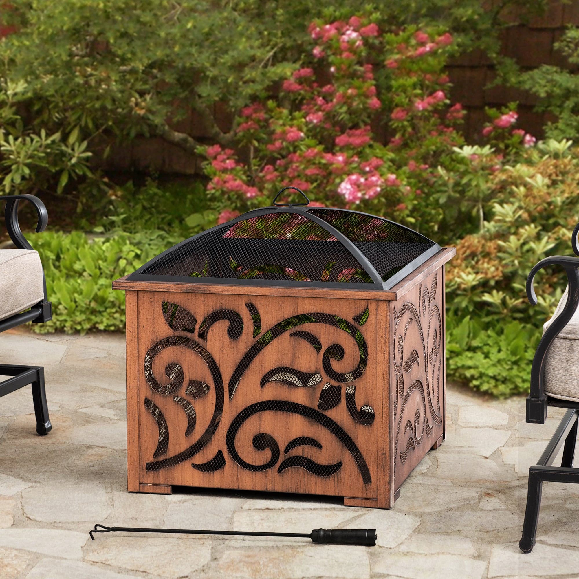 Sunjoy 26 in. Outdoor Fire Pit Copper Steel Patio Fire Pit Wood Burning Backyard Fire Pit with Mesh Screen and Fire Poker