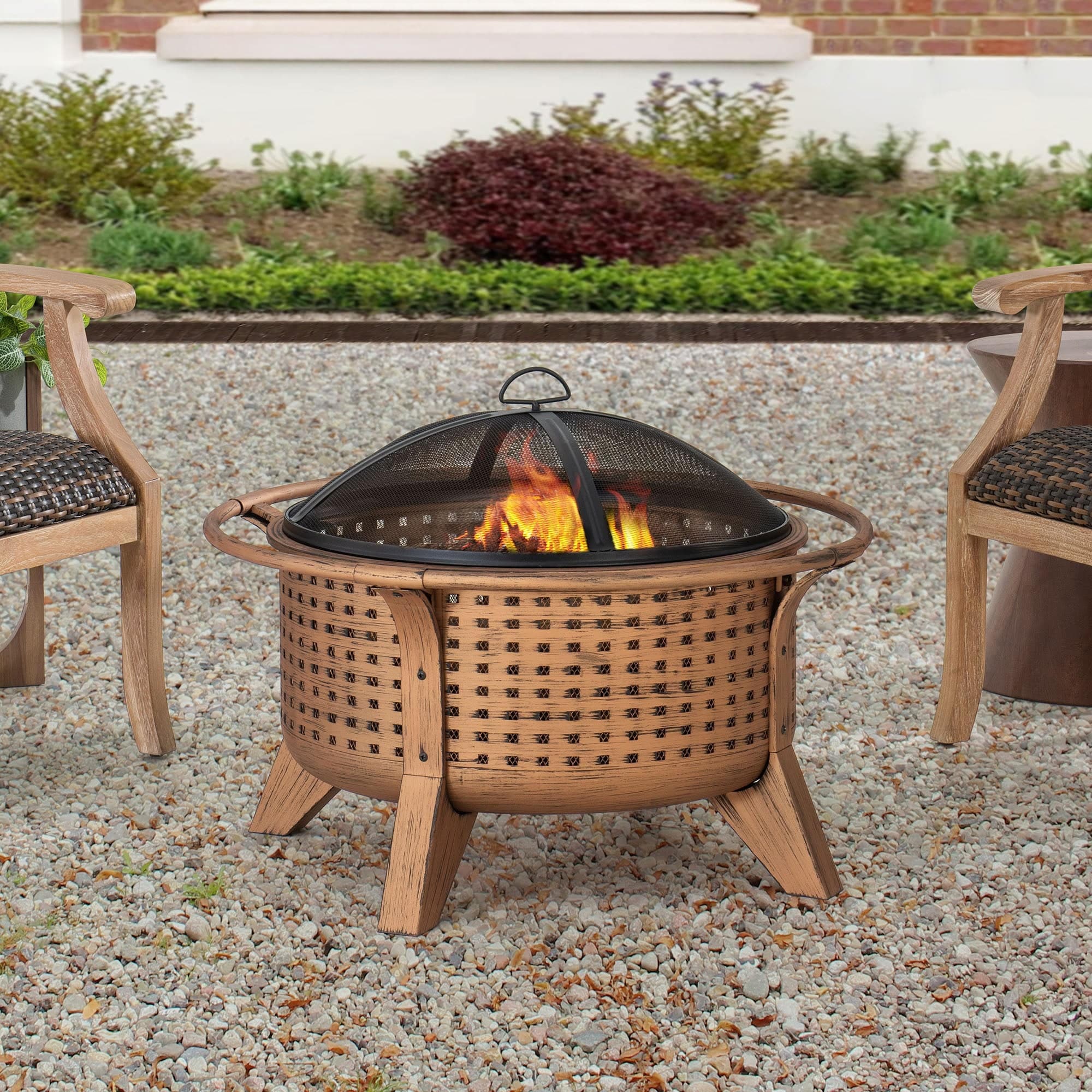 Sunjoy 30 in. Outdoor Fire Pits Copper Steel Patio Fire Pit Wood Burning Backyard Fire Pit with Spark Screen and Fire Poker