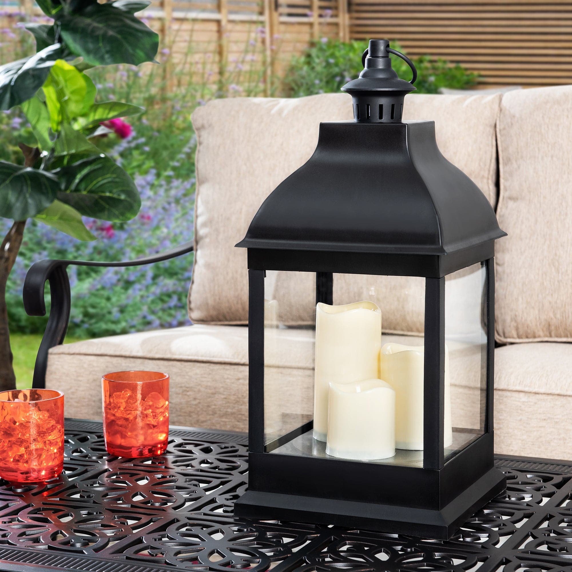 Sunjoy 20 in. Outdoor Battery Powered LED Lantern, Black Patio Decorative Waterproof Flameless Hanging Candle Lantern