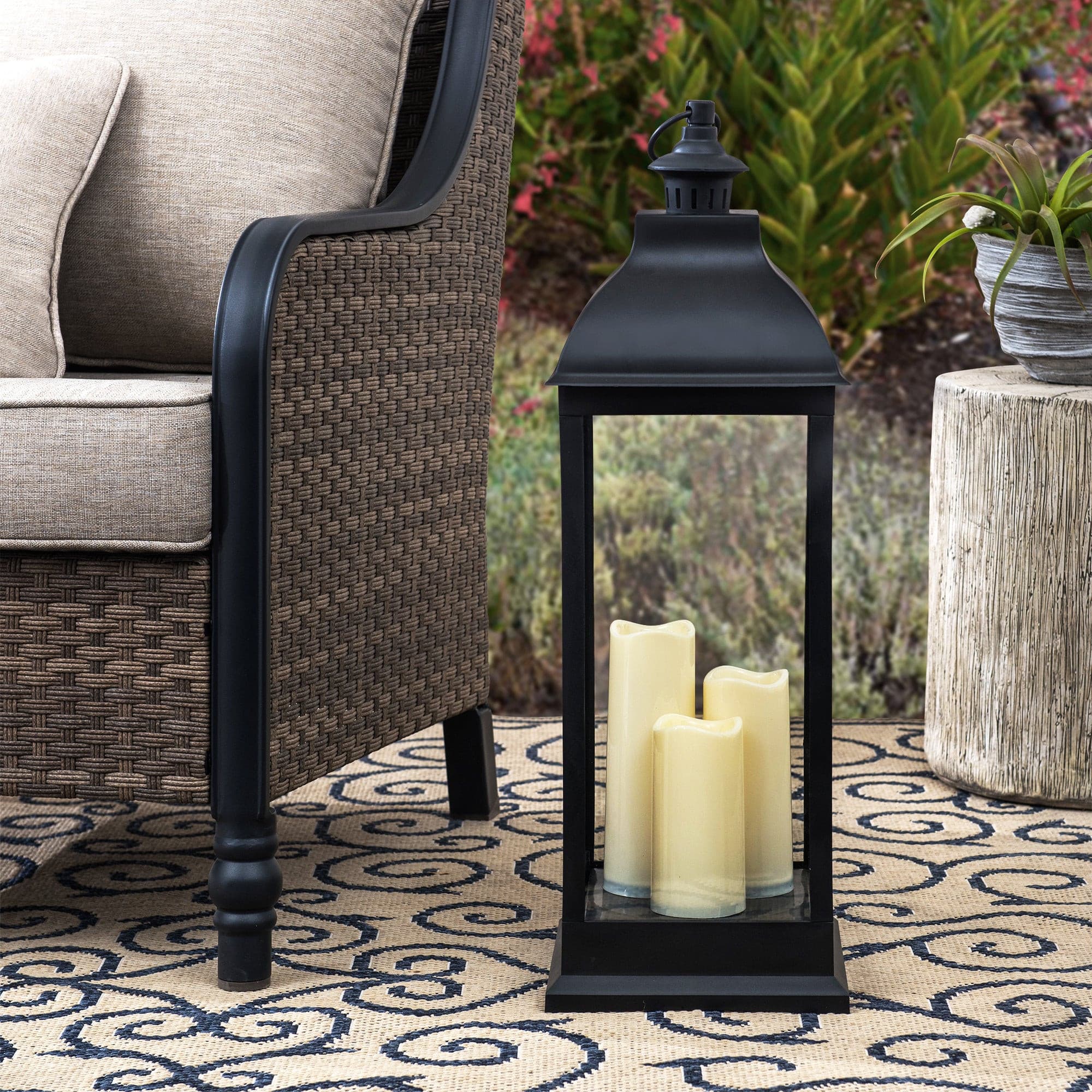 Sunjoy 28 in. Black Outdoor Patio Christmas Decorative Waterproof Hanging Flameless Candle Lantern with LED Battery Powered