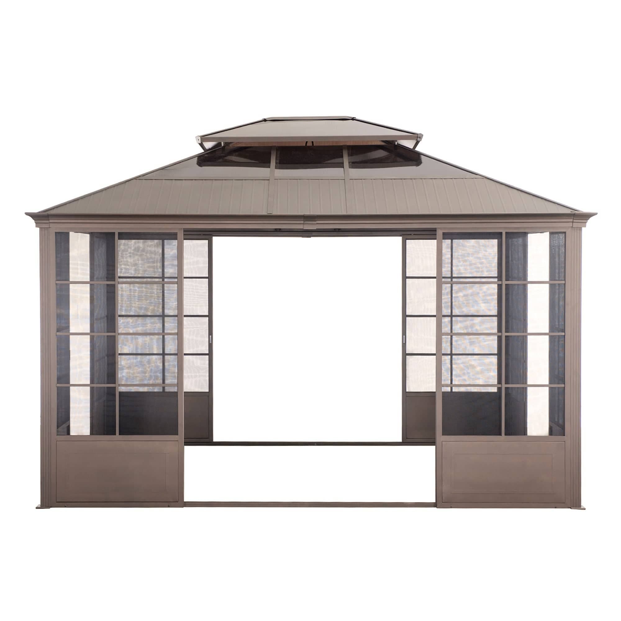 Sunjoy 12 ft. x 14 ft. Brown 2-Tier Hardtop Screenhouse with Ceiling Hook and Mesh Doors