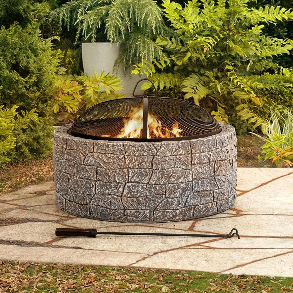 Sunjoy 26 in. Outdoor Fire Pits Wood Burning Patio Fire Pit Stone Backyard Fire Pit with Spark Screen and Poker