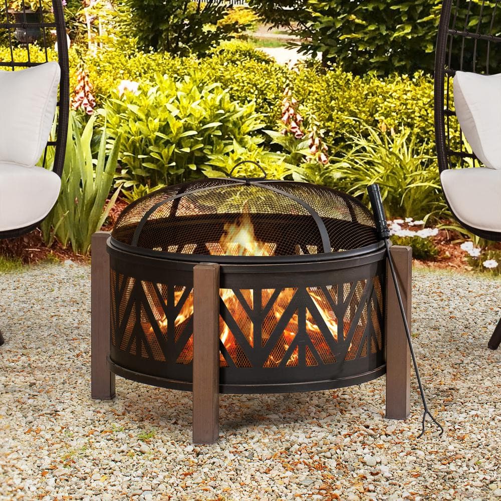 Sunjoy 31 in. Outdoor Fire Pit Black Steel Patio Fire Pit Wood Burning Backyard Fire Pit with Spark Screen and Fire Poker