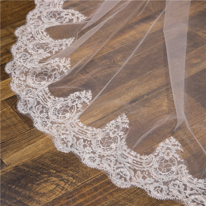 2022 Wedding Veil One-Tier Tulle Lace Edge Chapel Veils Appliques TS91043