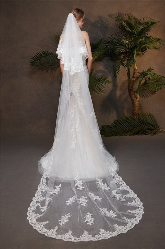 Cicinia Wedding Veil Two-Tier Lace Edge Tulle Cathedral Veils Appliques TS9005, White