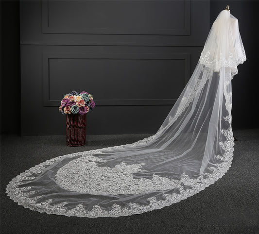 Cicinia Wedding Veil Two-Tier Lace Edge Tulle Cathedral Veils Appliques TS9005, White