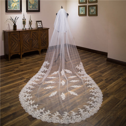 Cicinia Wedding Veil Two-Tier Lace Edge Tulle Cathedral Veils Appliques TS9005, White