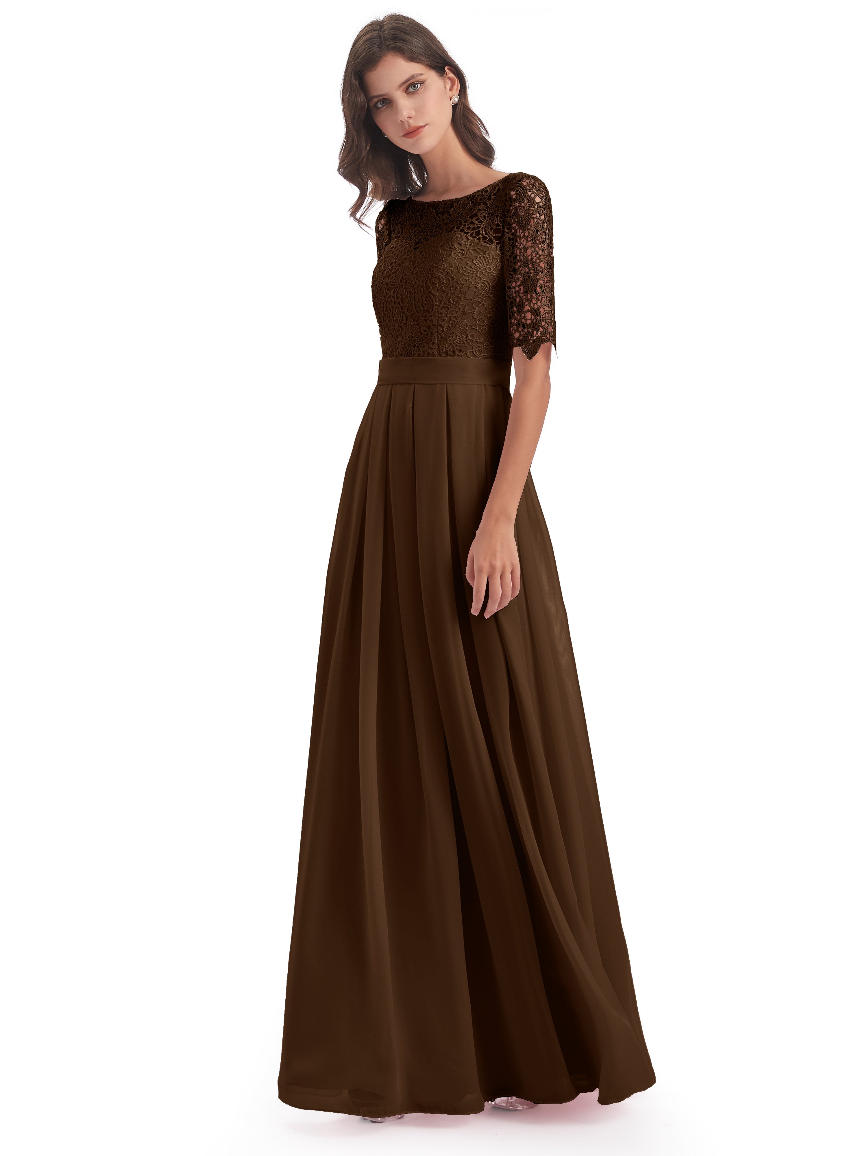 Brielle Half Sleeves Scoop Lace Long Bridesmaid Dresses