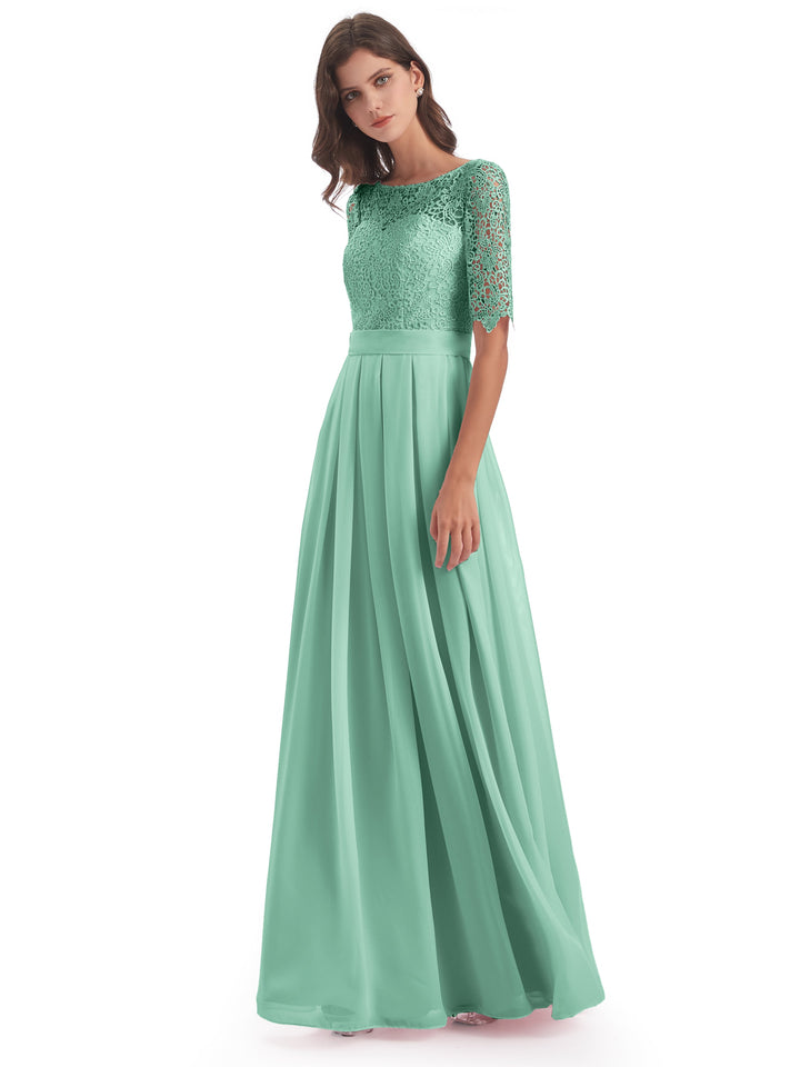 2022 Affordable Mint Green Bridesmaid Dresses Cicinia   Cicinia Brielle A Line Floor Length Half Sleeves Scoop Neckline Lace Chiffon Long Mint Green Bridesmaid Dresses 1 720x 