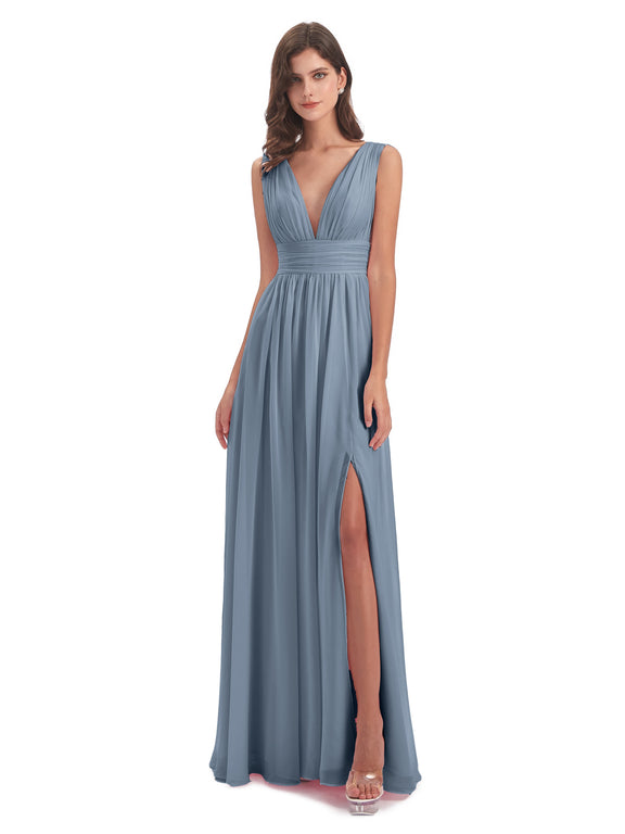 Emma Floor Length V Neck Split Chiffon Bridesmaid Dresses