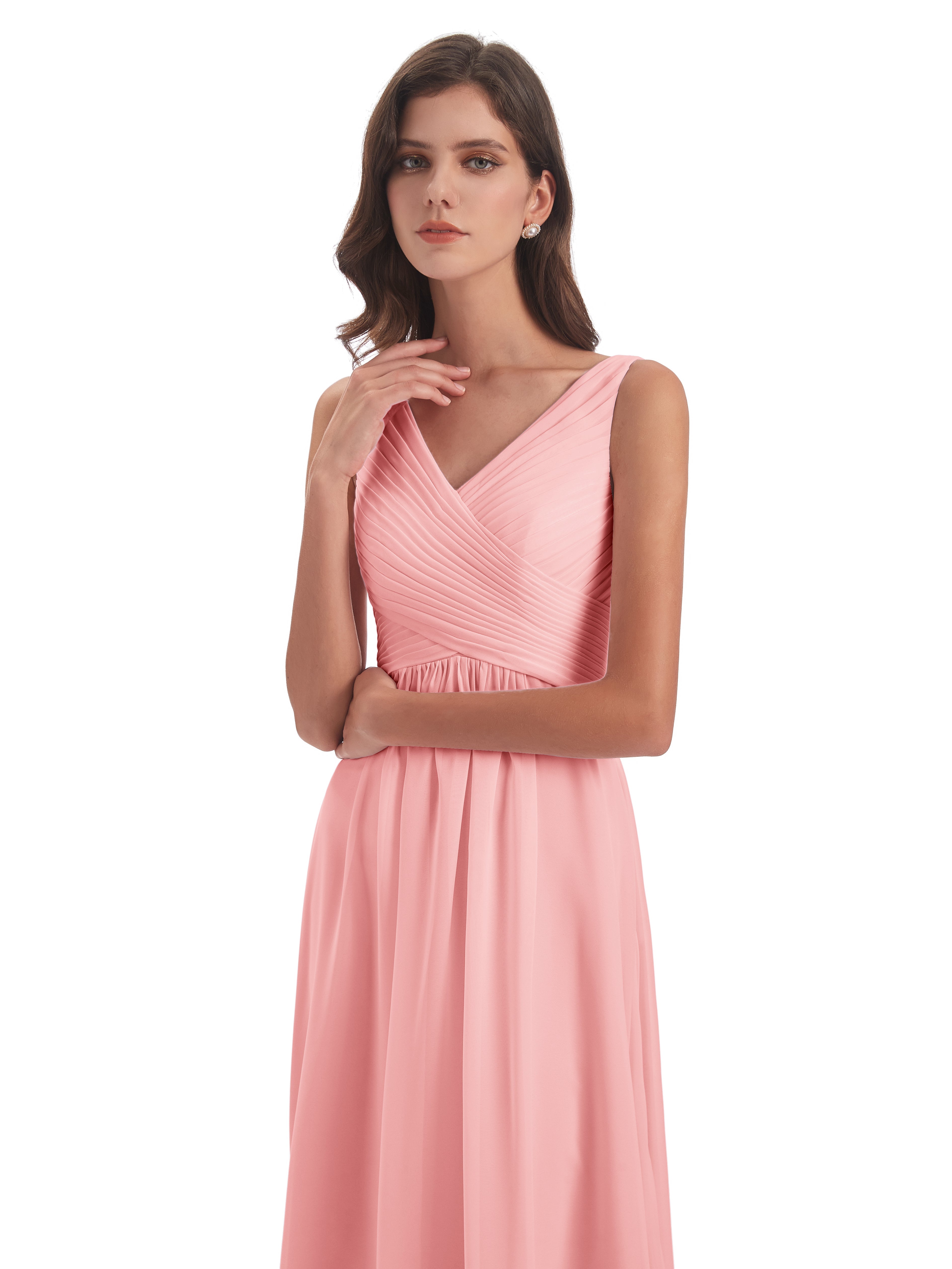 Evalyn V Neck Straps Chiffon Long Bridesmaid Dresses 3561