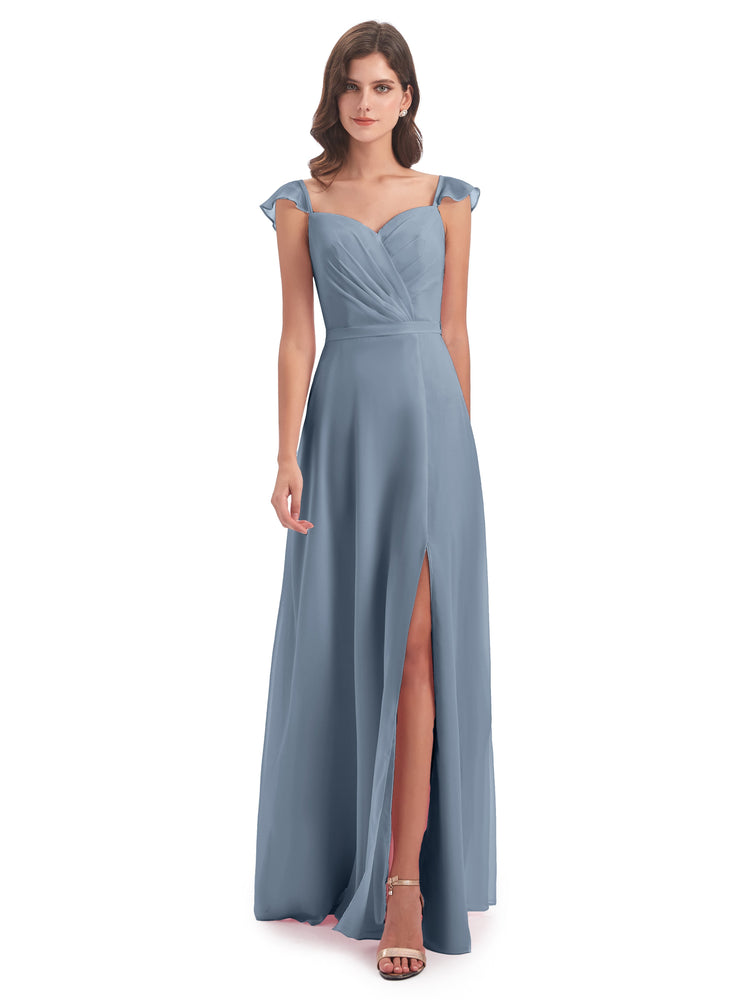 Mylah Sheath Cap Sleeves Split Chiffon Long Bridesmaid Dresses