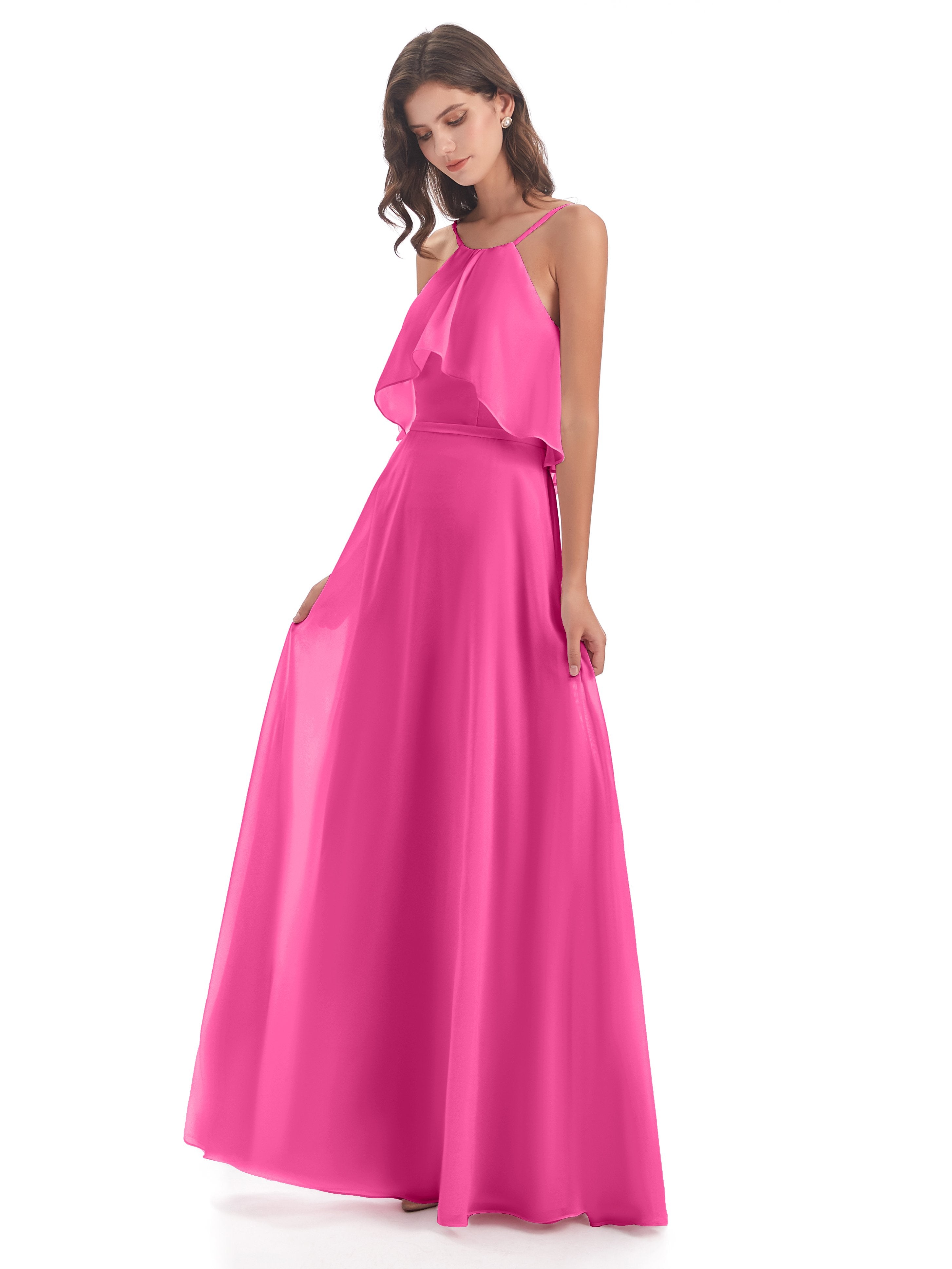 Paisley Halter Ruffles Chiffon Long Bridesmaid Dresses 4931