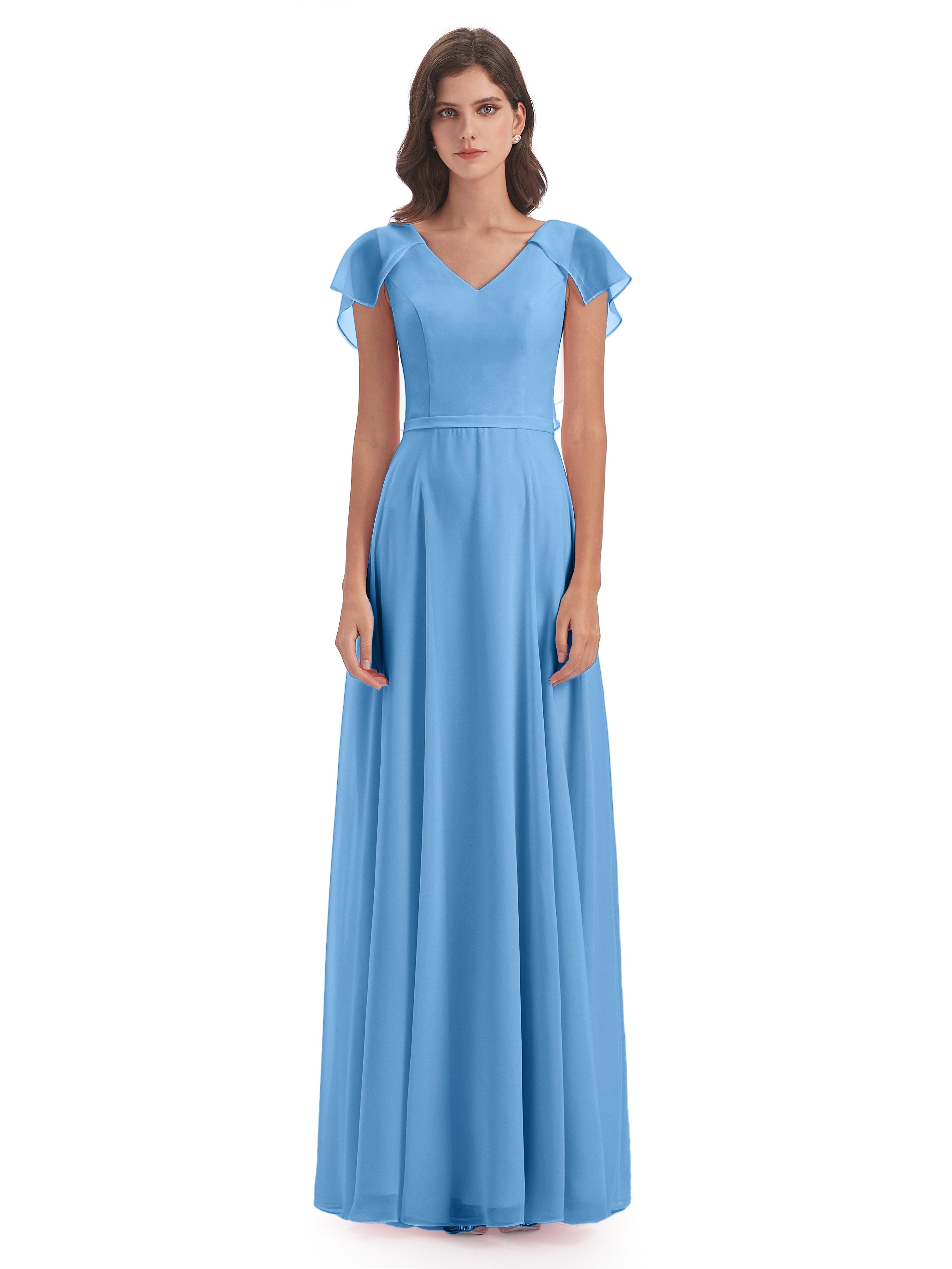 Paityn Sheath V Neck Ruffles Chiffon Long Bridesmaid Dresses 0389