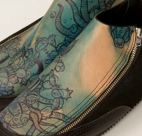 Ink and leather dye detailed sneakers handmade by Santha King