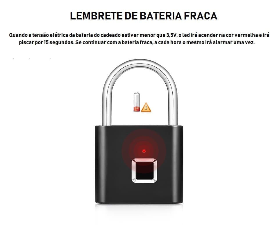 Lembrete de bateria para o Cadeado com Segredo Digital Biométrico Anti Furto Recarregável