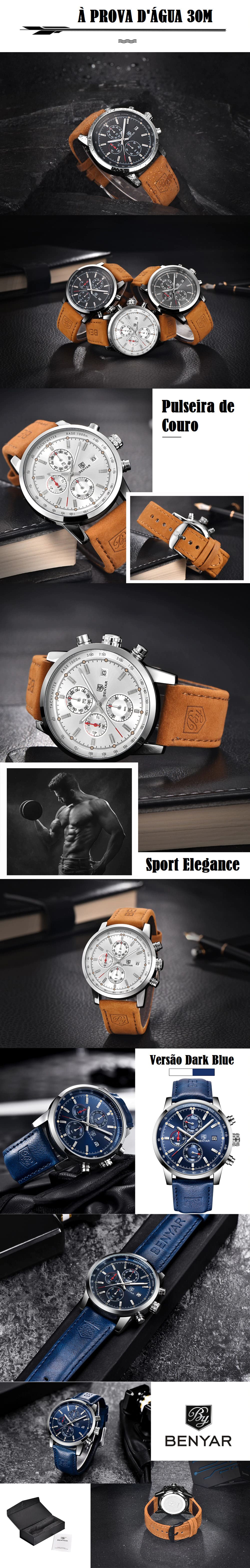 Relógio Masculino Analógico Sport Elegance Benyar à prova d'água e com pulseira de couro legítimo