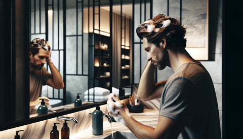 Man washing hair with organic shampoo