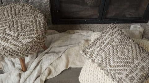 Handwoven Mocha Patterned Stool besides of Mocha Patterned Throw Pillow.