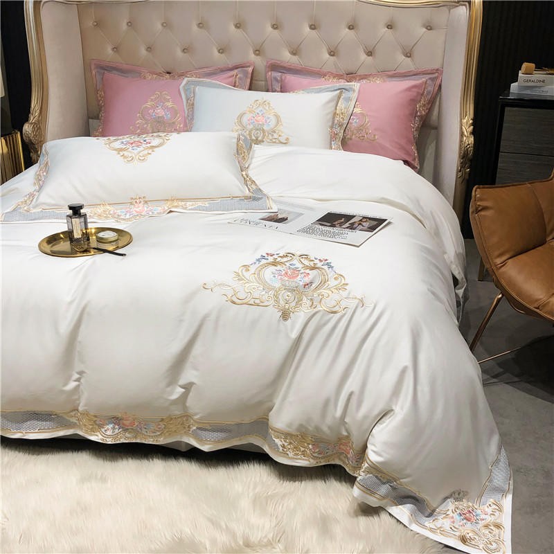 Rosalee Royal Gold And Green Embroidered Egyptian Cotton Bedding Set