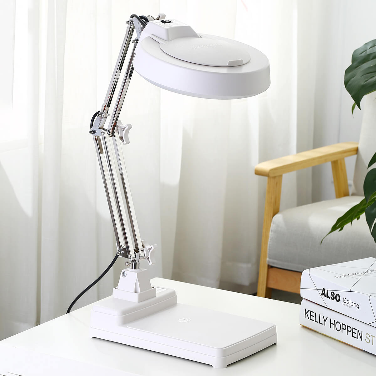 Gynnx Magnifying Lamp, Dimmable 10x Magnifying Desk Lamp, 120 Pcs LED and 5 Inches Lens with Stainless Steel Arm (White)