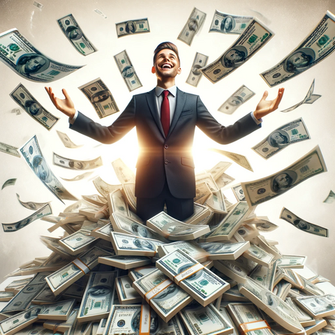 person surrounded by cash, looking joyful and successful, with a celebratory gesture, embodying a sense of financial success.