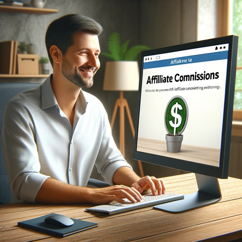 a person at their desk, looking at their computer screen which displays their affiliate commissions earned, with a pleased expression in a home office setting.
