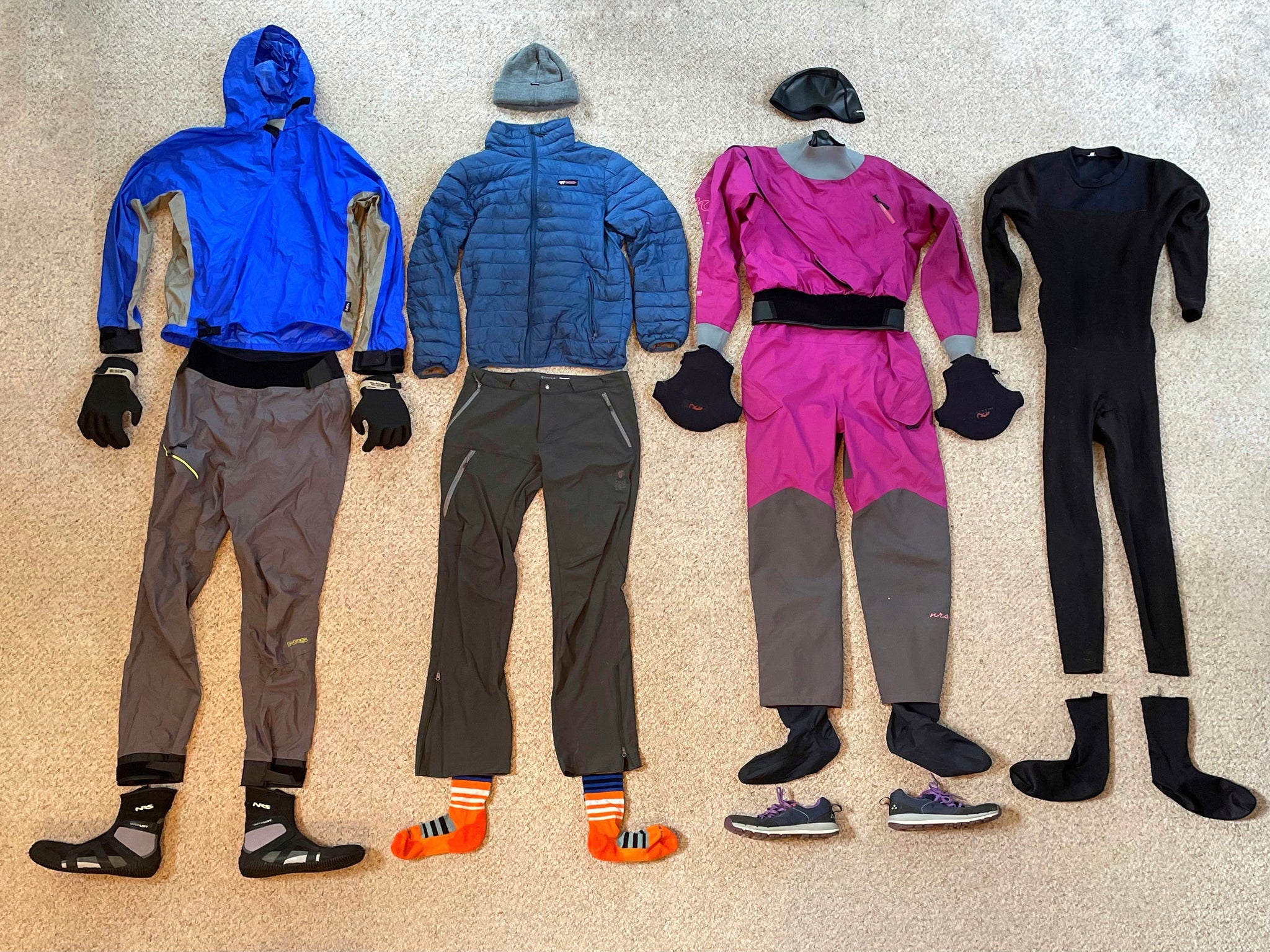 Packrafting paddle outfits, layers and drysuits. packraft pogies and gloves