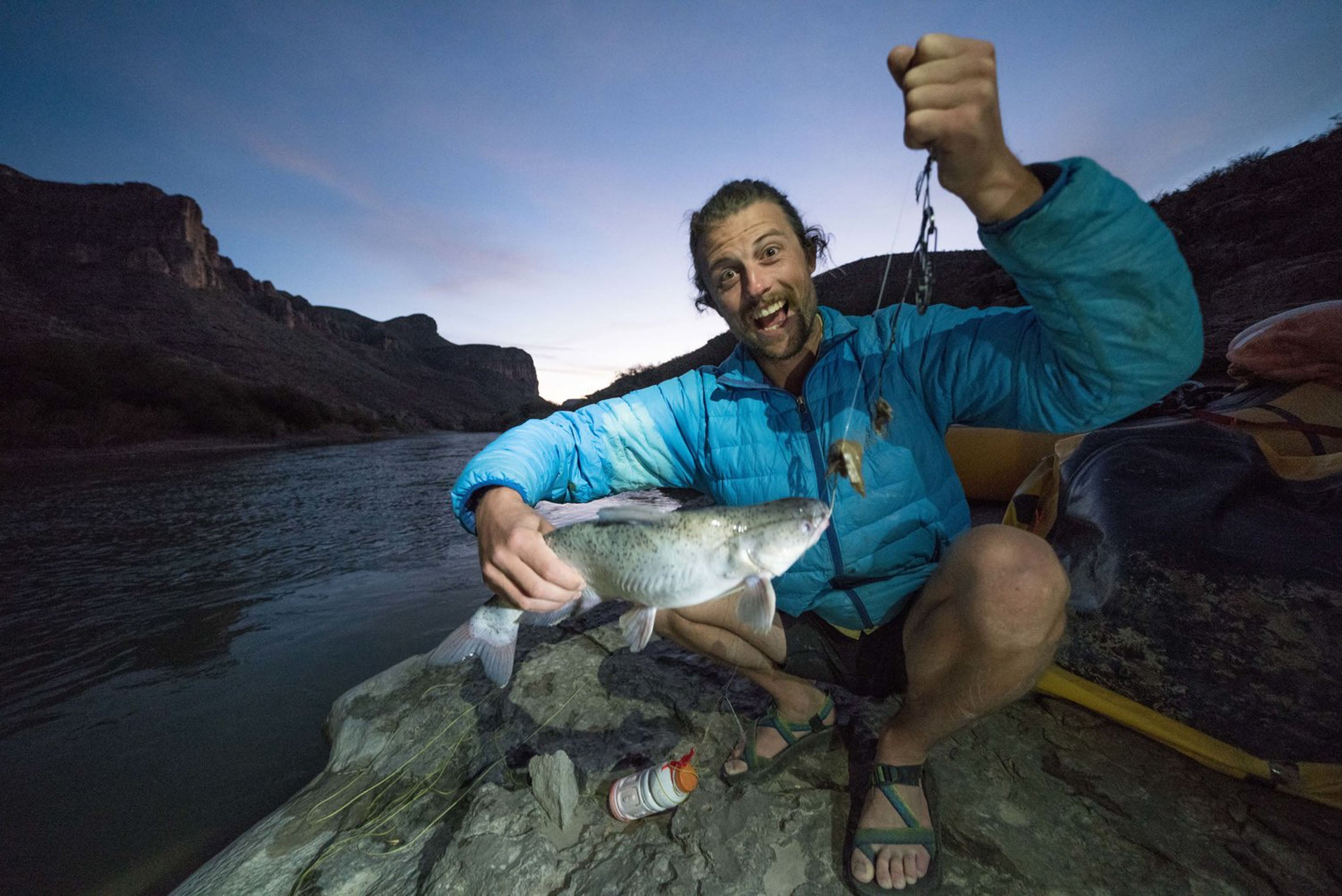 Fishing at night while camping. Rio Grande Packrafting Kokopelli