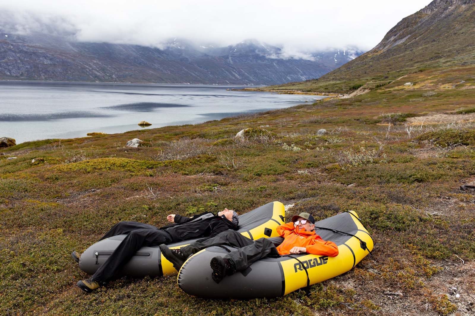 Taking a rest on the shores of Tasermiut Fjord on our Kokopelli packrafts