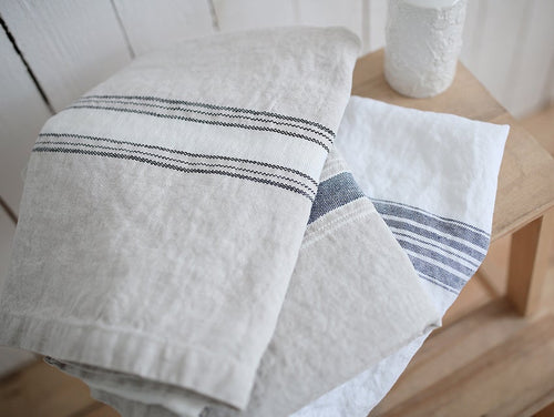 Set of 2 Blue Natural Linen Tea Towels Multistripe - LinenMe