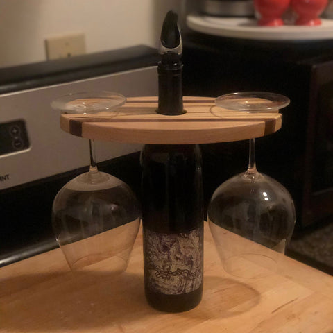 Handmade wood wine and glass display, two wine glasses, one wine bottle